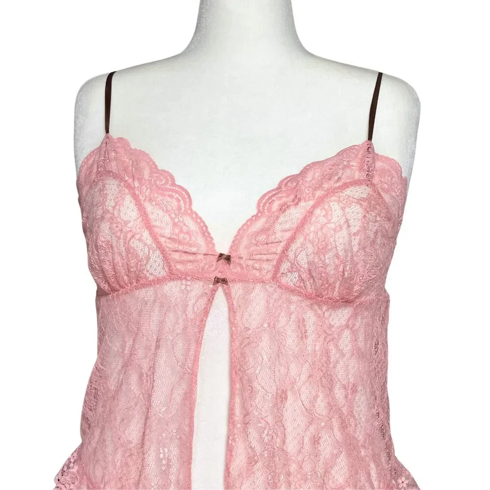 Vintage Y2K Victoria’s Secret Sheer Pink Lace Split Babydoll Cami Coquette M/L - Picture 6 of 9